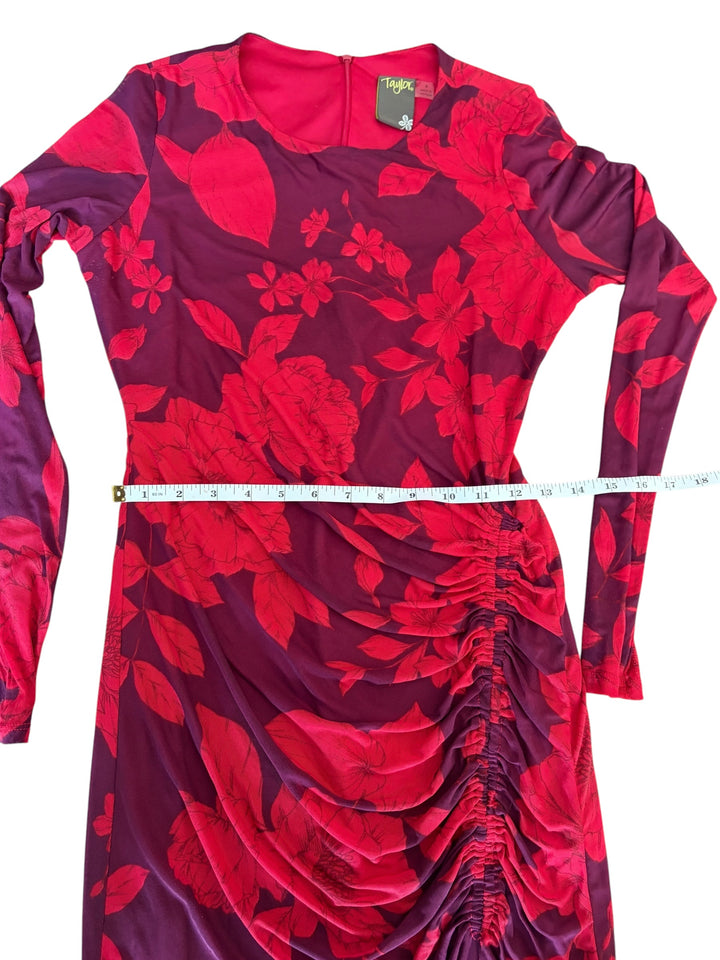 Taylor Women’s Purple/Red Long Sleeve Ruched Maxi Foral Dress, Size 4
