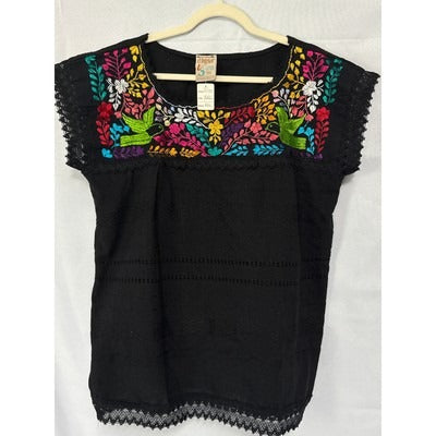 Mexican Embroidered Short Sleeve Blouse XXL Black Cotton Handmade