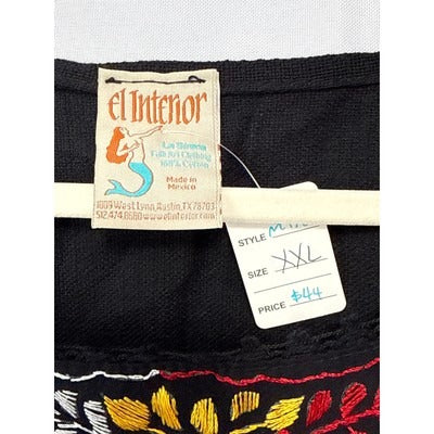 Mexican Embroidered Short Sleeve Blouse XXL Black Cotton Handmade