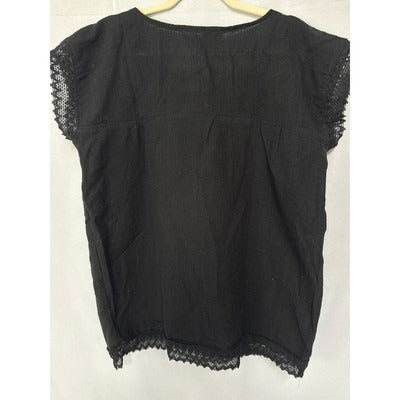 Mexican Embroidered Short Sleeve Blouse XXL Black Cotton Handmade