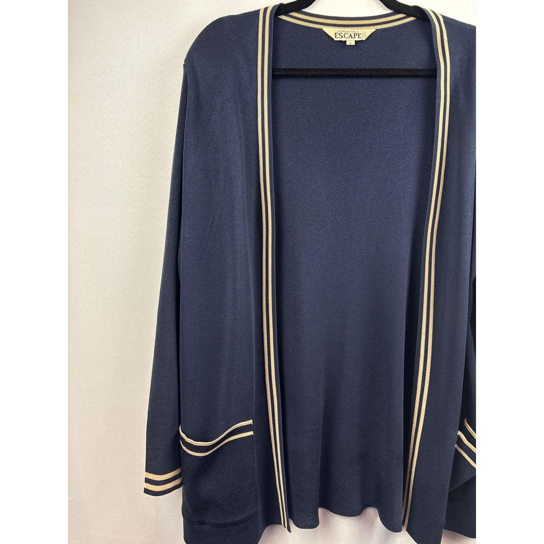 Women’s Howard Wolf Escape Size Large Navy Blue Long Sleeve Sweater with Cream Stripes