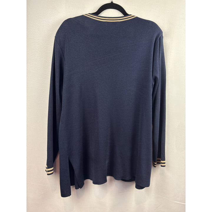 Women’s Howard Wolf Escape Size Large Navy Blue Long Sleeve Sweater with Cream Stripes