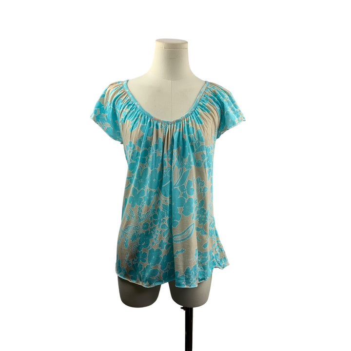 Old Navy Womens Floral Print Blouse Top S Blue & Beige Floral Pattern Short Sleeve