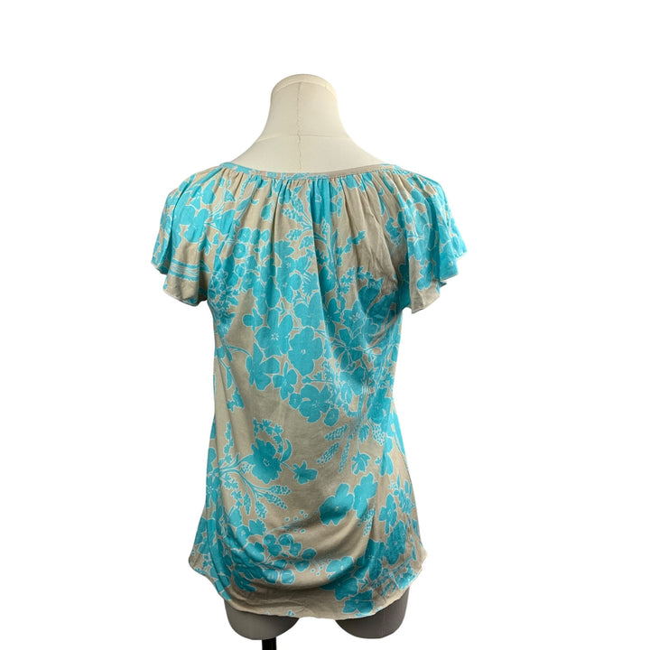 Old Navy Womens Floral Print Blouse Top S Blue & Beige Floral Pattern Short Sleeve