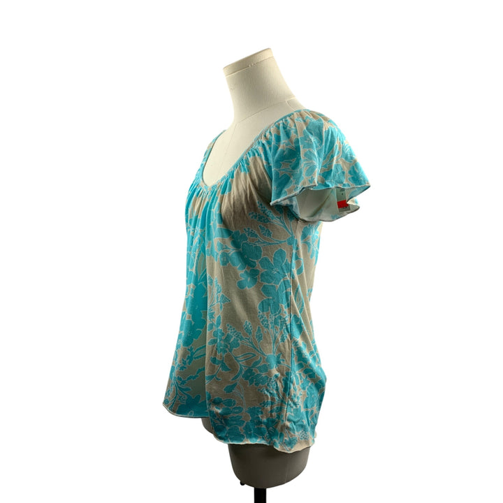 Old Navy Womens Floral Print Blouse Top S Blue & Beige Floral Pattern Short Sleeve