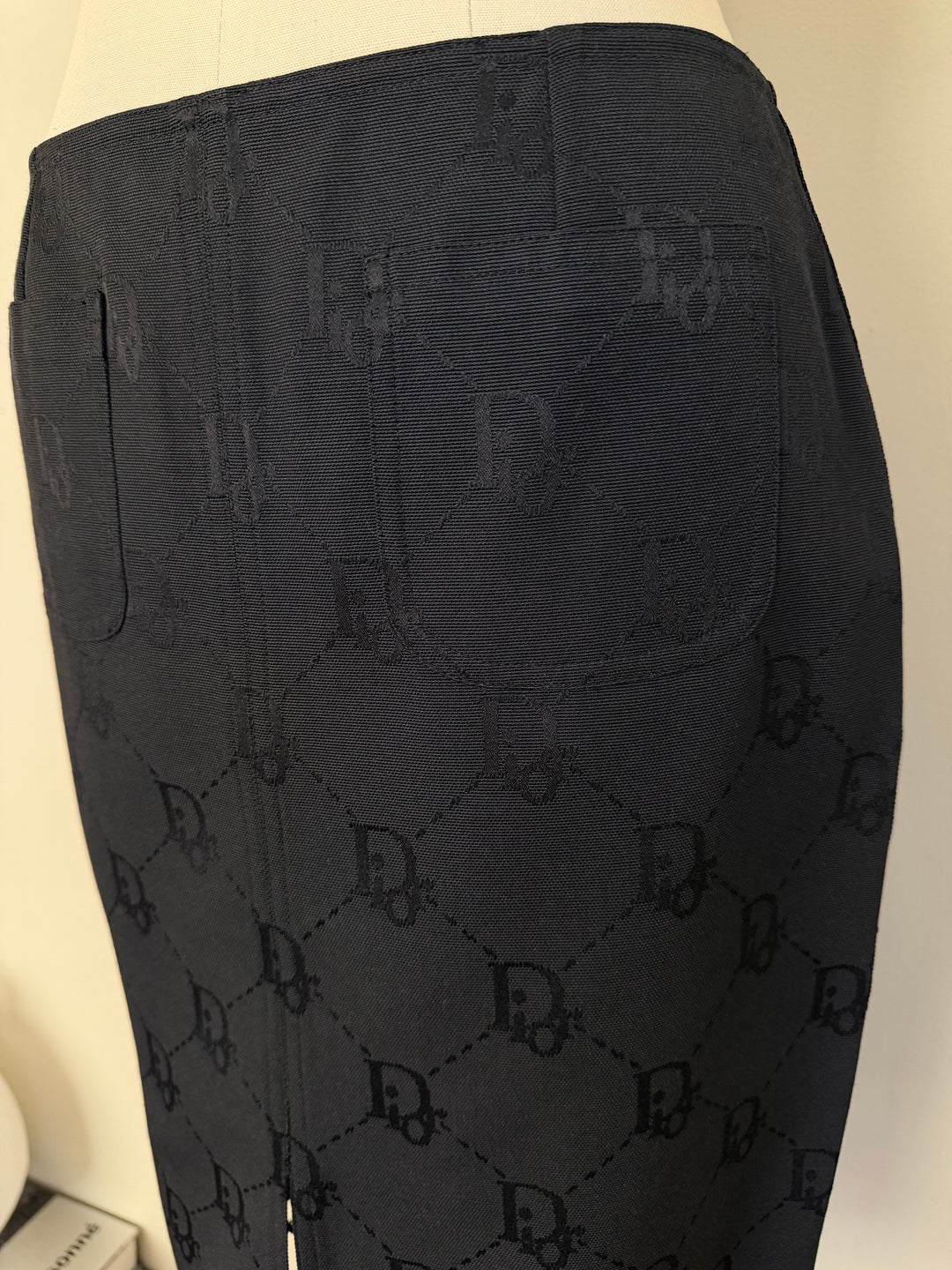 Vintage Christian Dior by John Galliano Black Trotter Monogram Jacquard Pencil Skirt