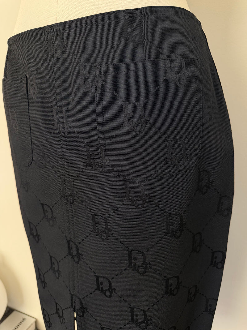 Vintage Christian Dior by John Galliano Black Trotter Monogram Jacquard Pencil Skirt