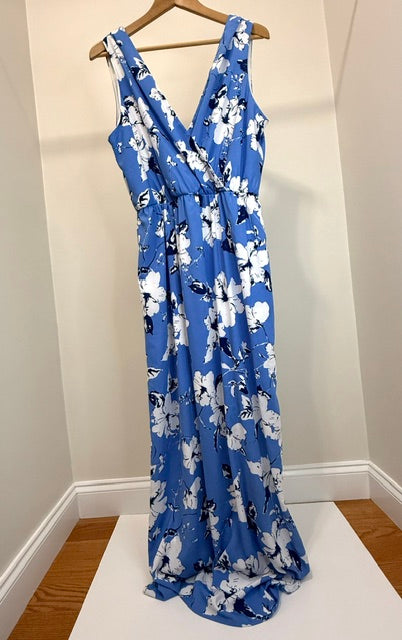 Mia &amp; Tess V‑Neck Floral Maxi Dress – Blue &amp; White SzXL