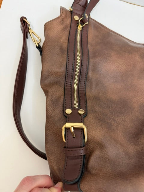 Vegan Leather Bucket Tote Crossbody Bag Brown Gold Hardware