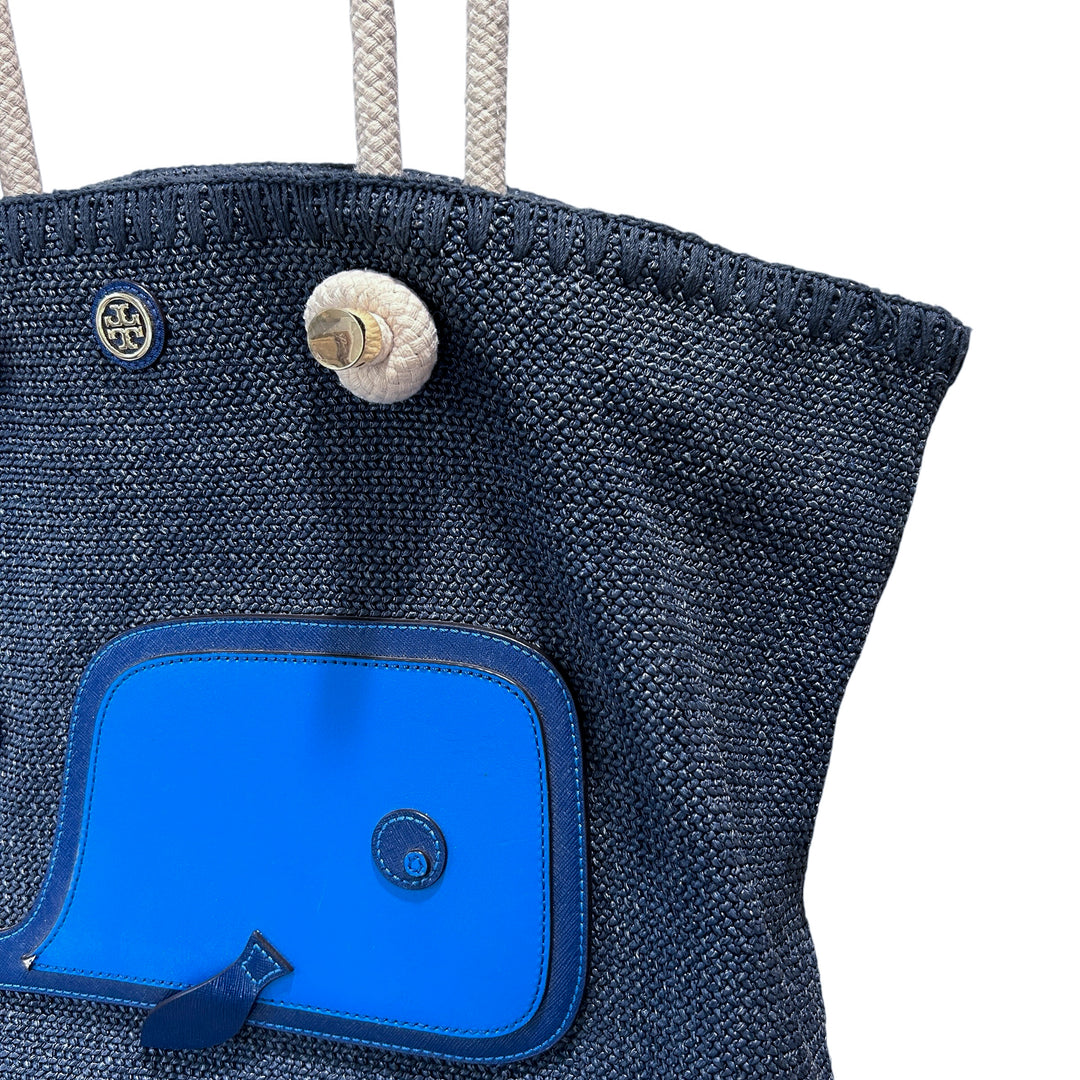 Tory Burch Knotted Whale Beach/Pool Tote Handbag Purse Blue Canvas Nautical Preppy Whimsical Vacatio