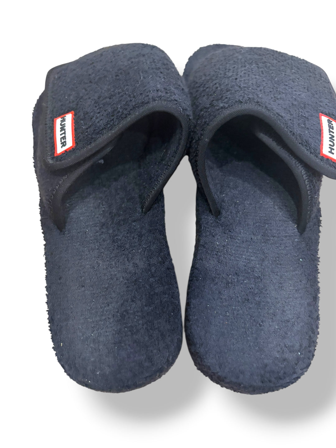 Hunter Black Fuzzy Velcro Slide Slippers Logo Comfort Sandals Women’s Size 10