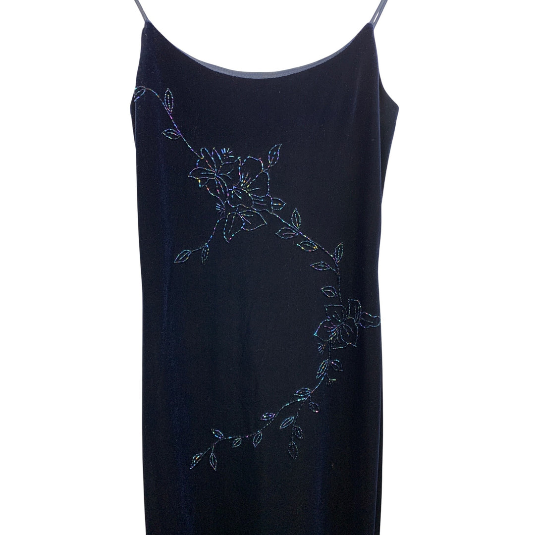 Betsy & Adam Vintage 90s Spaghetti Strap Velvet Gown With Floral Beading Detail