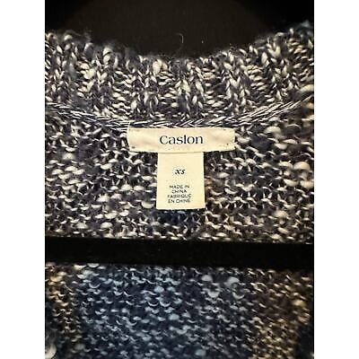 Caslon Womens Knit Long Cardigan Sweater XS Acrylic & Wool Blend Dark Blue & White Pattern