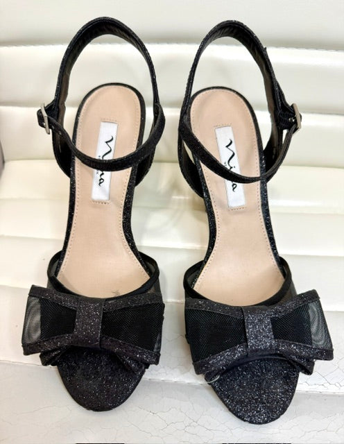 Nina Black Mesh Glitter Bow Heeled Sandals Sz7