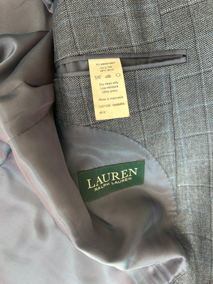 Lauren Ralph Lauren Men’s Size 48R Silk Wool Blend Windowpane Blazer Sport Coat Gray Blue
