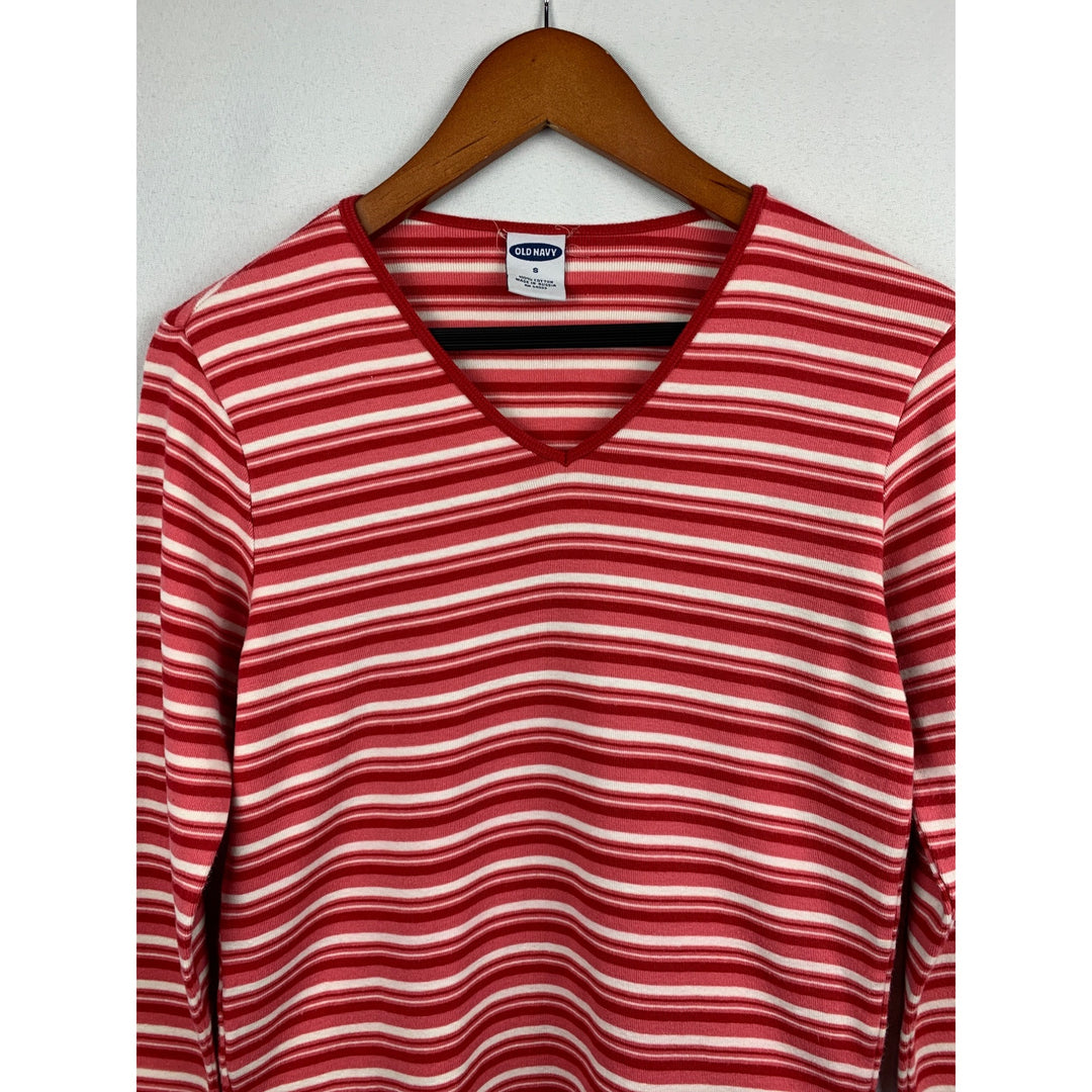 Old Navy Striped V-Neck Long Sleeve Top S Cotton Red & White
