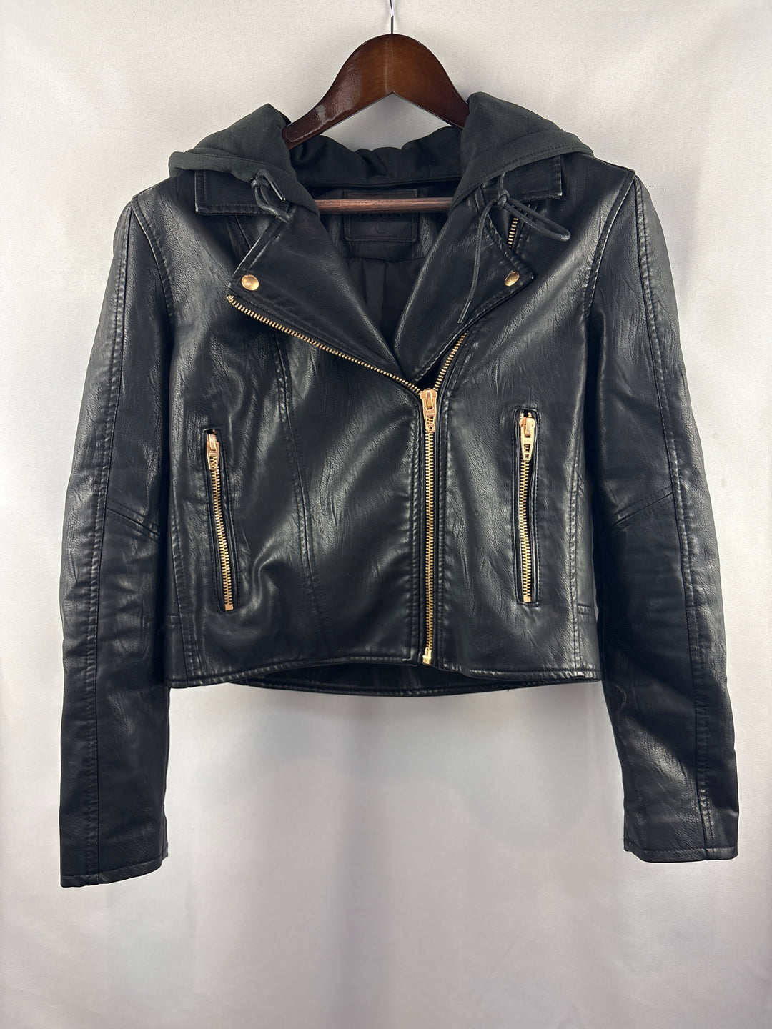 Women’s BlankNYC Medium Black Hooded Faux Leather Moto Jacket