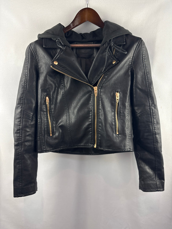 Women’s BlankNYC Medium Black Hooded Faux Leather Moto Jacket