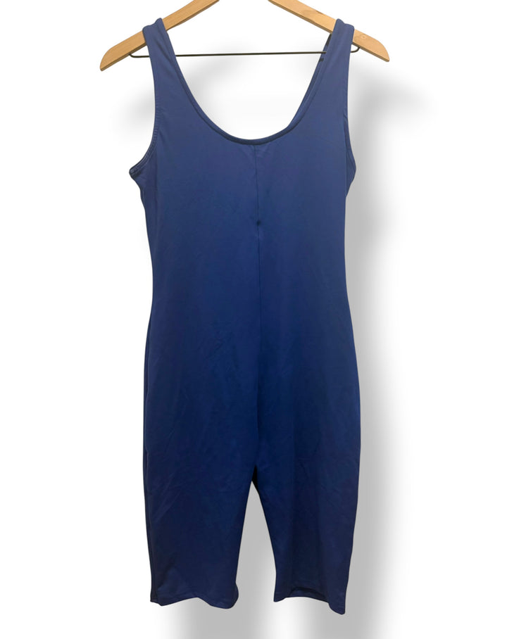 JNK Blue Stretchy Tank Unitard Biker Short Bodysuit Workout Romper Size Large