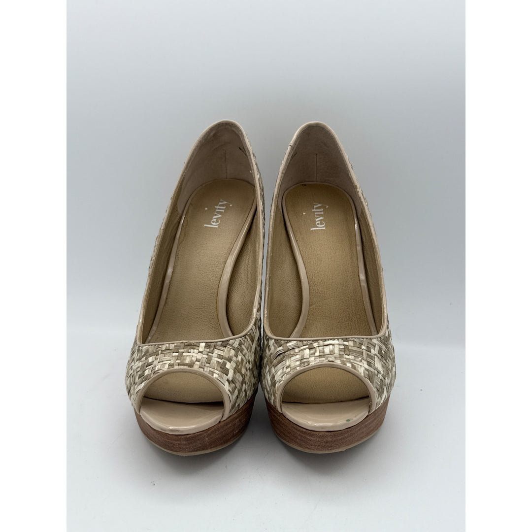 Levity Womens Peep Toe Platform Heels Size 7M Woven Texture Beige & Brown