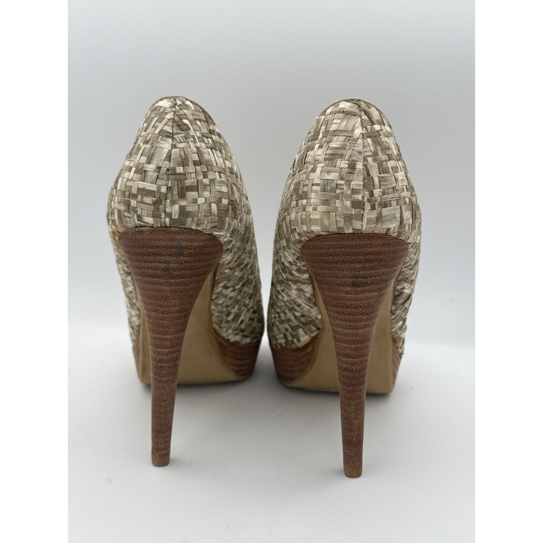 Levity Womens Peep Toe Platform Heels Size 7M Woven Texture Beige & Brown