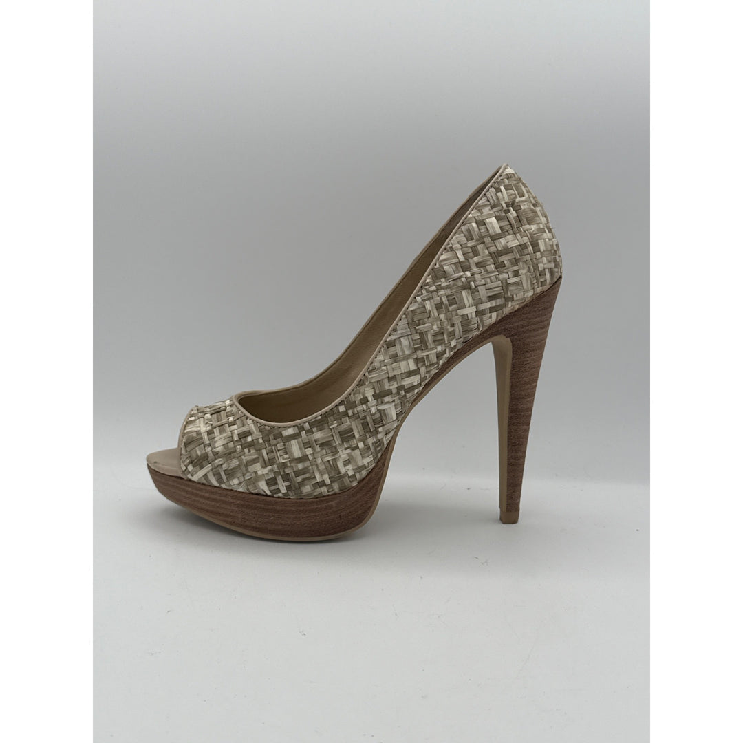 Levity Womens Peep Toe Platform Heels Size 7M Woven Texture Beige & Brown