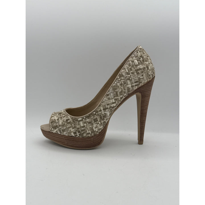 Levity Womens Peep Toe Platform Heels Size 7M Woven Texture Beige & Brown