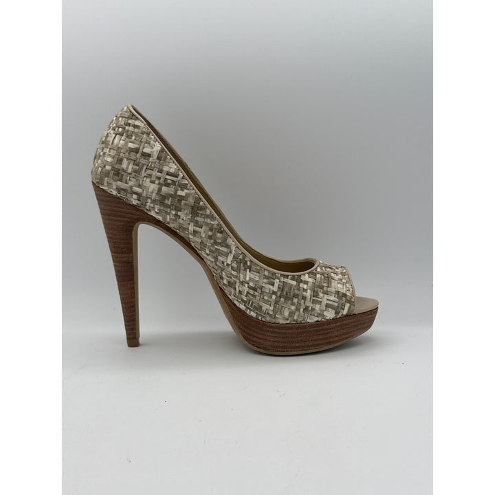 Levity Womens Peep Toe Platform Heels Size 7M Woven Texture Beige & Brown