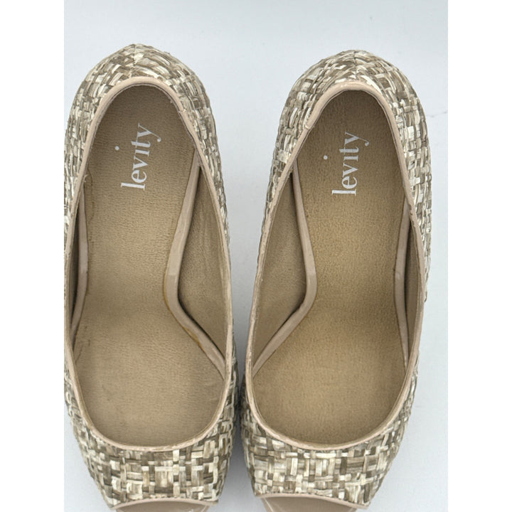 Levity Womens Peep Toe Platform Heels Size 7M Woven Texture Beige & Brown