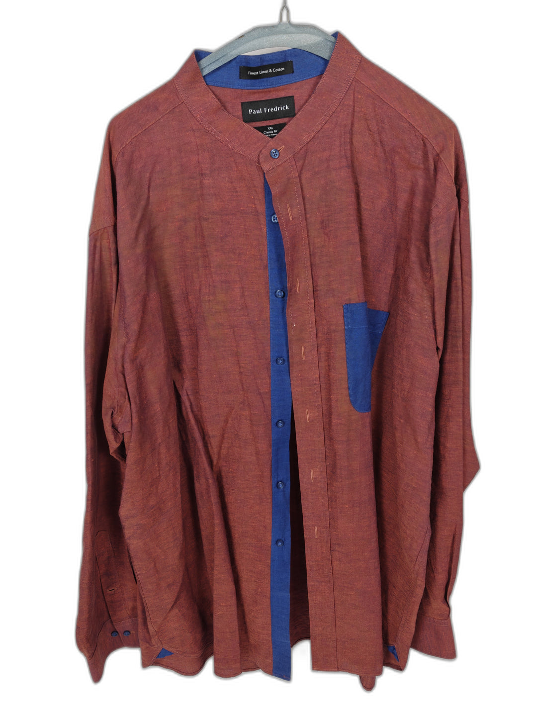 Paul Fredrick XXL Classic Fit Linen Cotton Shirt Rust Blue Banded Collar Long Sleeve