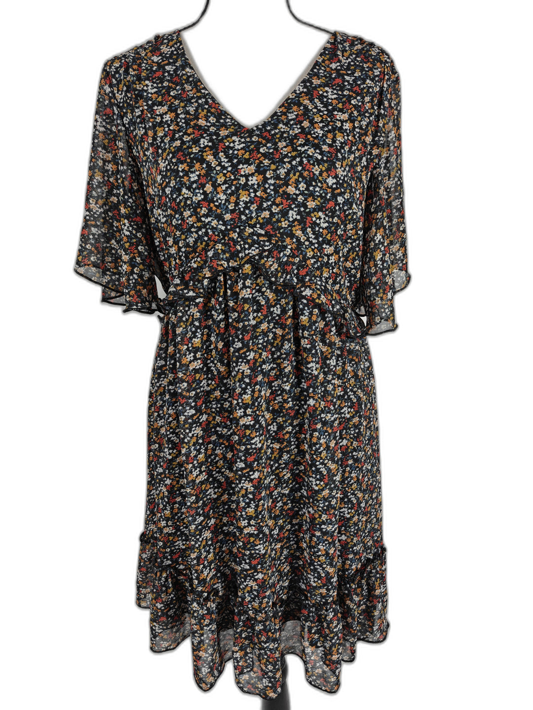 Women Manydress Floral Ruffle Dress Black Multicolor Size M