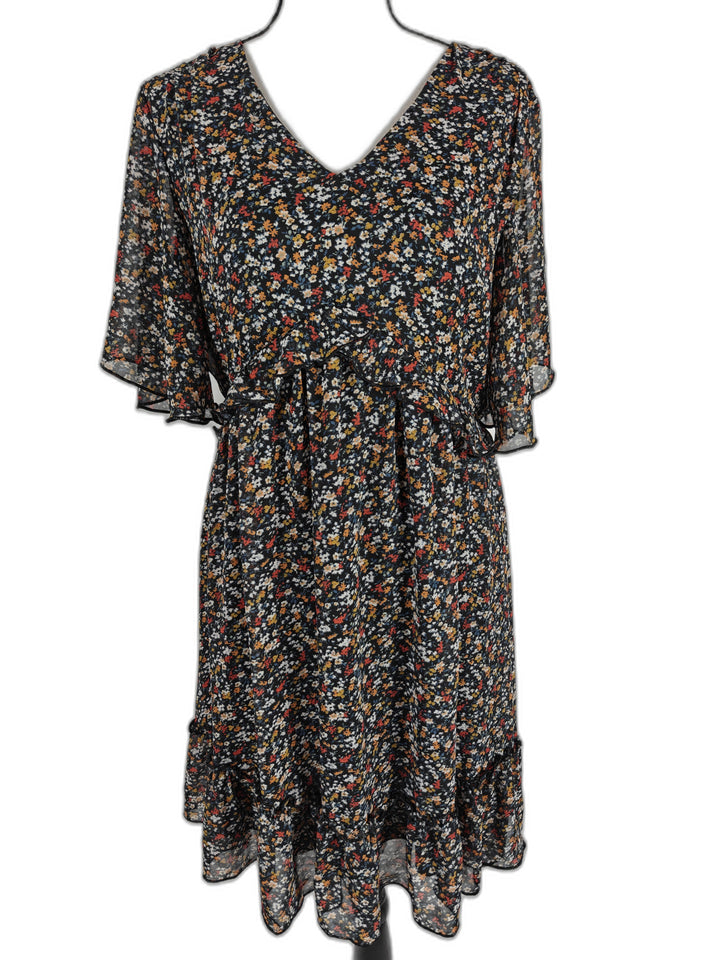 Women Manydress Floral Ruffle Dress Black Multicolor Size M