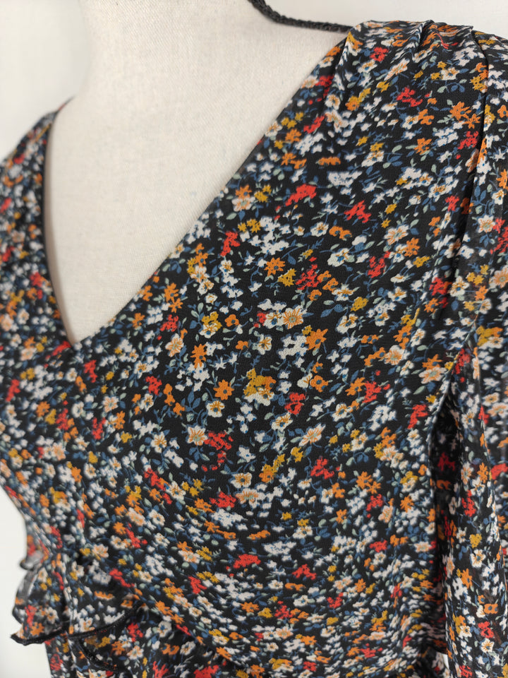 Women Manydress Floral Ruffle Dress Black Multicolor Size M