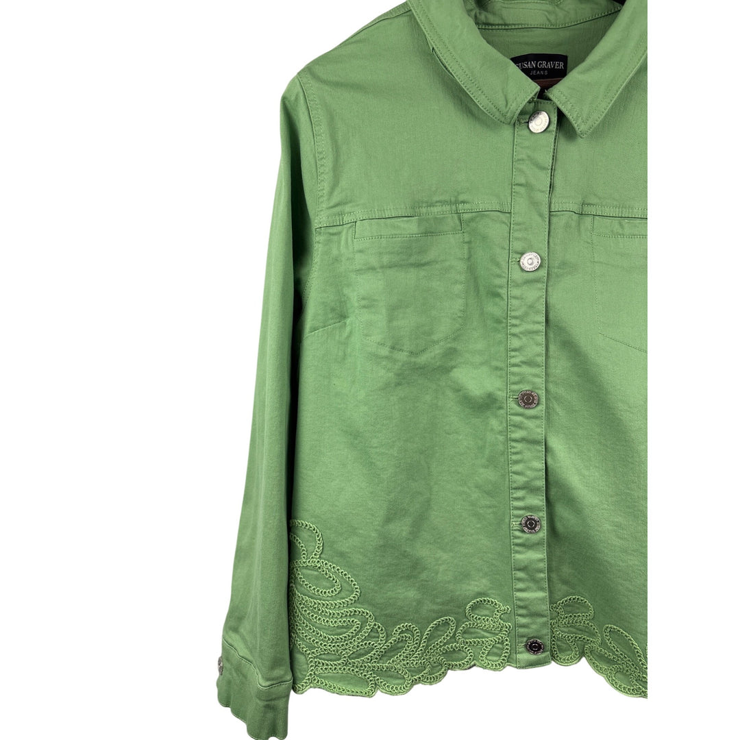 Women’s Susan Graver XL Green Jean Jacket w/ Threaded Embroidery