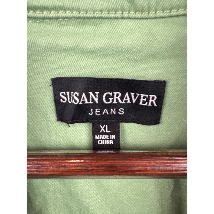 Women’s Susan Graver XL Green Jean Jacket w/ Threaded Embroidery