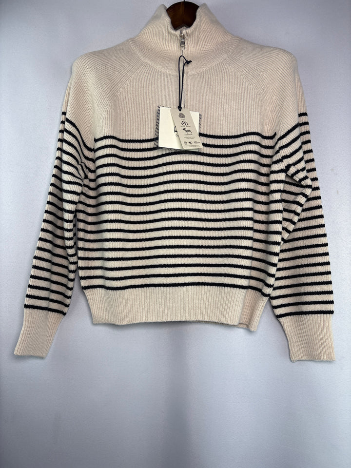 Unisex Dunst Small Beige w/ Black Stripes Half Zip Sweater