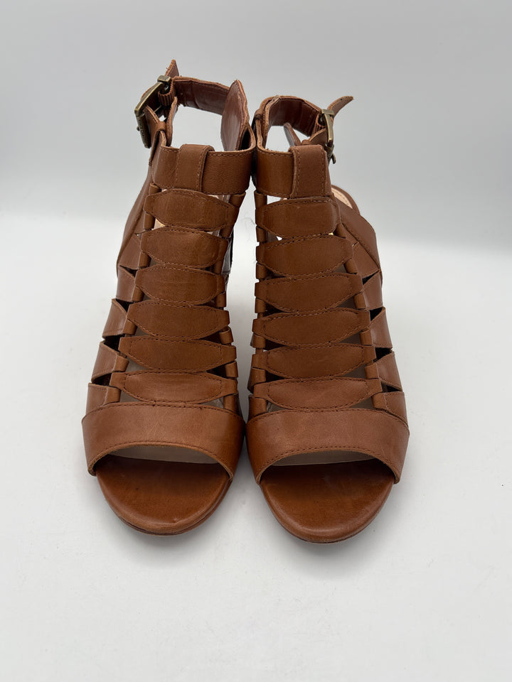 Womens Vince Camuto Brown Leather Gladiator Heels Size 7.5 Three Inch Heel