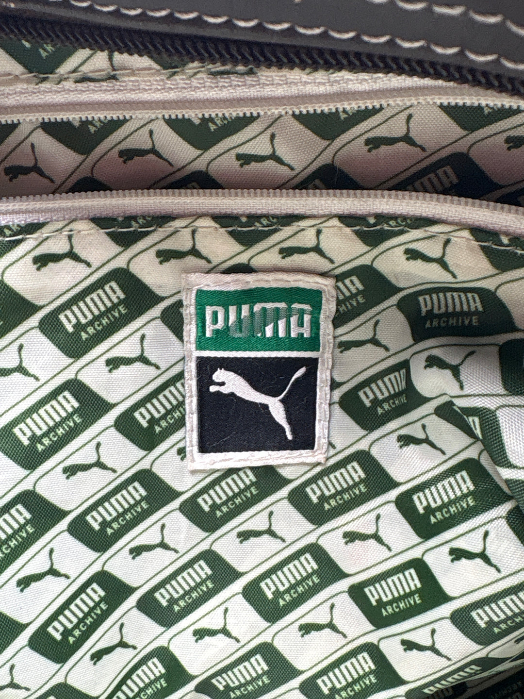 Unisex Vintage Puma Brown Leather Duffle Satchel w/ White Logo
