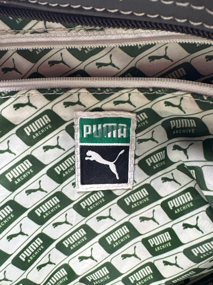 Unisex Vintage Puma Brown Leather Duffle Satchel w/ White Logo