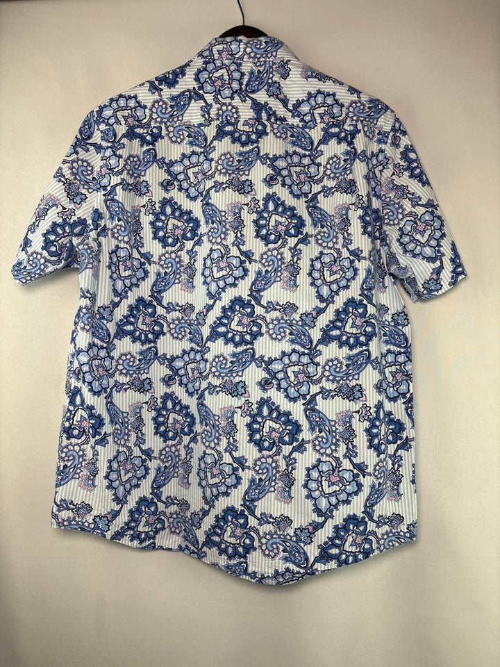 Men’s Club Room Large Blue Striped Paisley Short Sleeve Button Up
