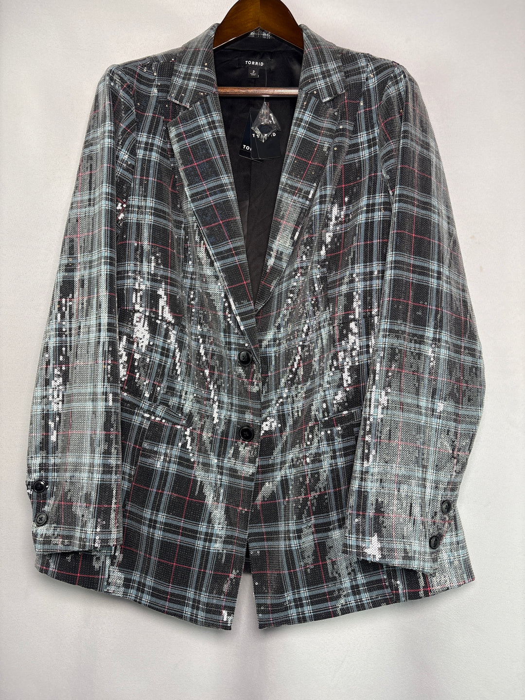 Torrid Womens Size 2X Black Blue Pink Plaid Sequin Lined Blazer