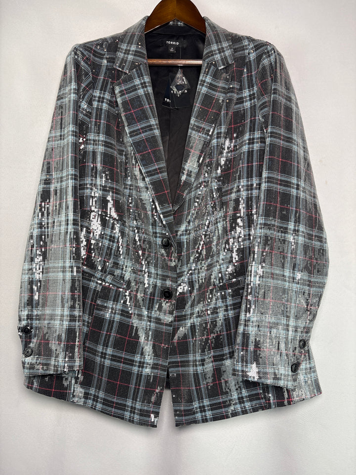 Torrid Womens Size 2X Black Blue Pink Plaid Sequin Lined Blazer