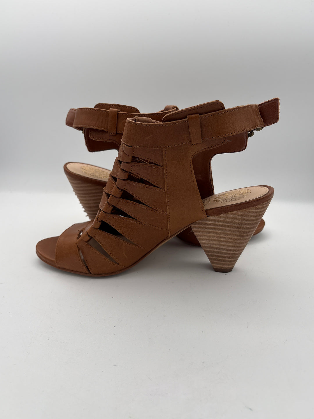 Womens Vince Camuto Brown Leather Gladiator Heels Size 7.5 Three Inch Heel