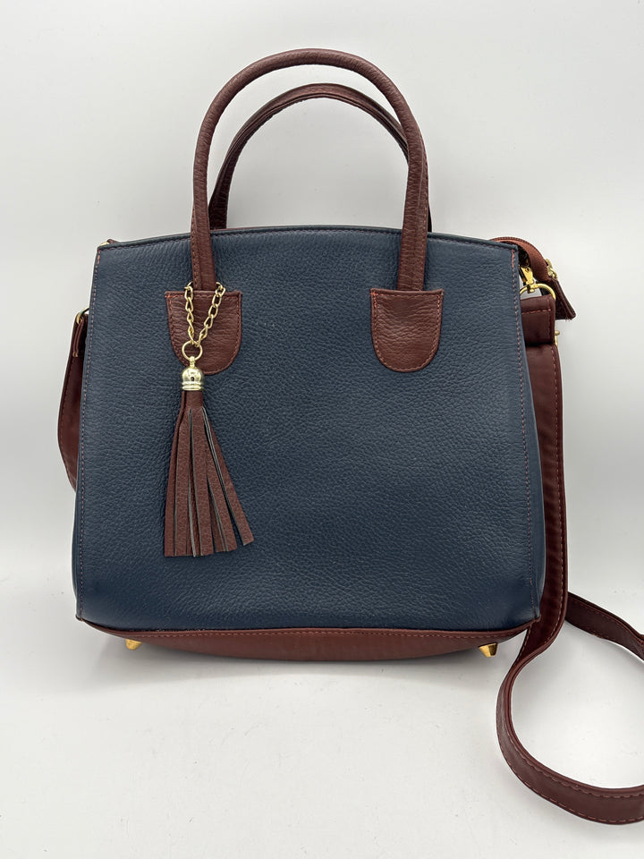 Womens Dark Navy Leather Handbag With 5 Compartments And Detachable Strap