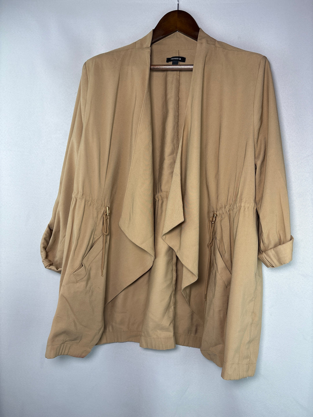 Torrid Womens Size 1 Tan Twill Drape Front Jacket With Buckle Sleeves