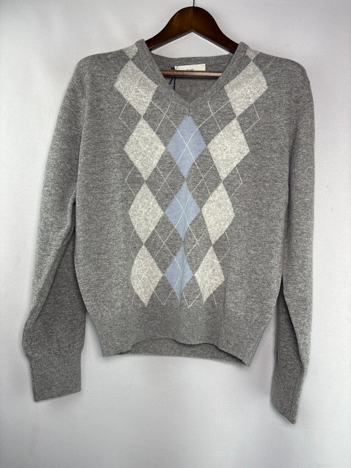 Unisex Dunst Small Light Gray Argyle V-Neck Sweater