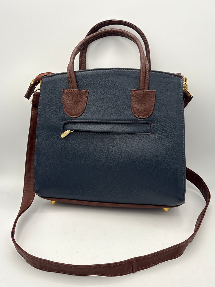 Womens Dark Navy Leather Handbag With 5 Compartments And Detachable Strap