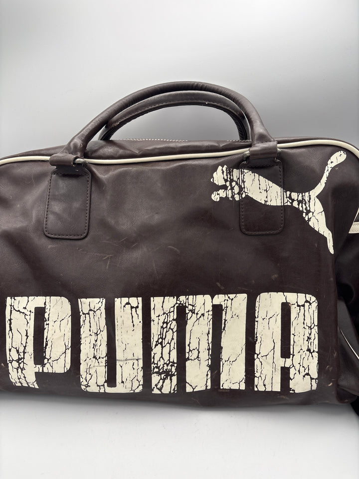 Unisex Vintage Puma Brown Leather Duffle Satchel w/ White Logo