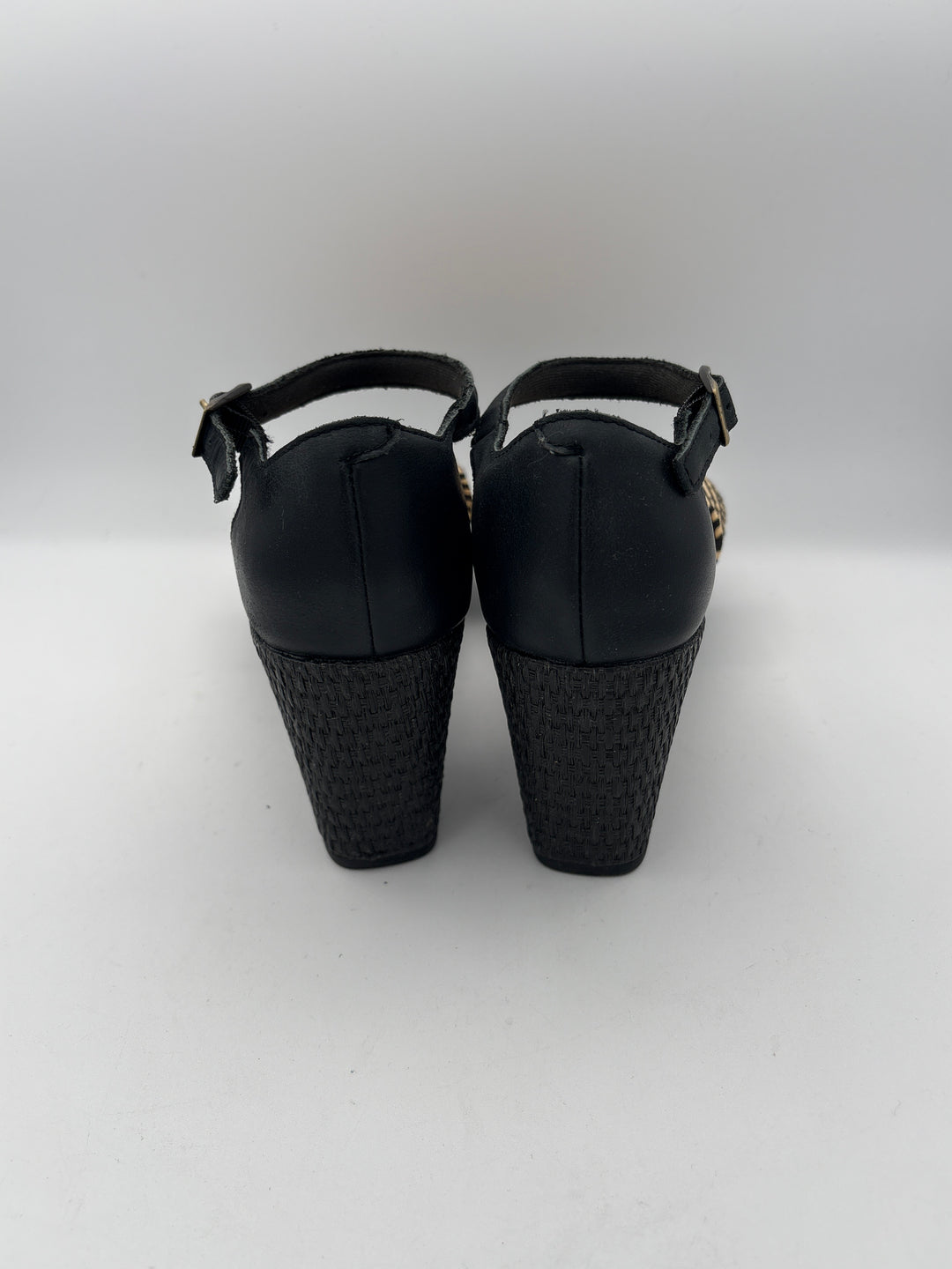 Womens Clarks Size 8 Black Beige Wedge Sandals With Adjustable Ankle Strap
