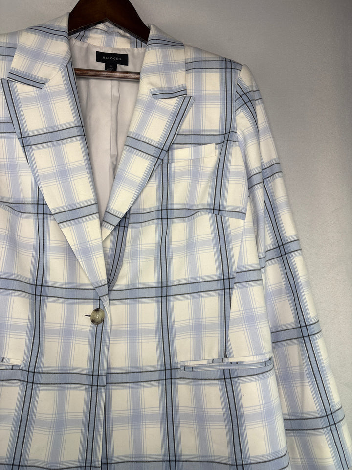 Womens Halogen Size 16W White Blue Plaid Stretch Blazer Jacket